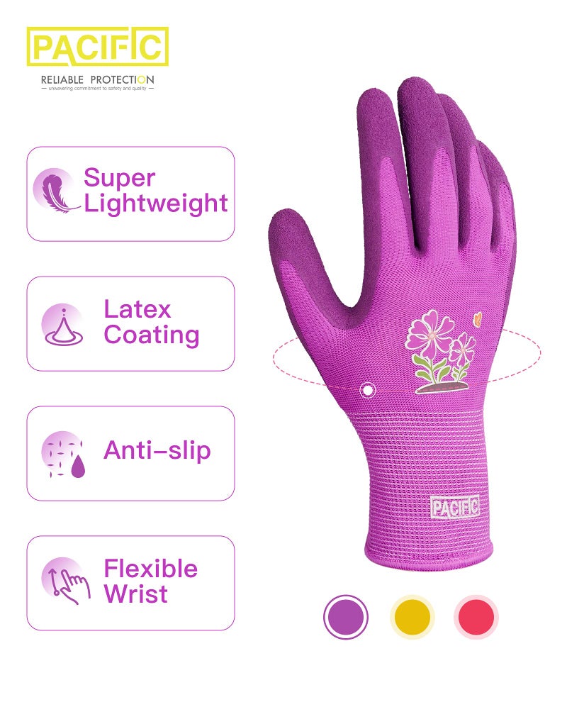 PACIFIC PPE PACIFIC 3 Pairs Gardening Gloves for women  Rubber Coated Garden Gloves  Ladies Yard Work Gloves  Breathable  Purple & Yellow & Red  Medium - Image 2